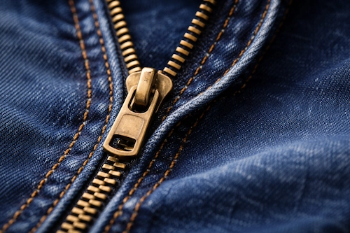 Close-up of a brass zipper partially unzipped on blue denim fabric, showing the zipper slider and golden stitching in sharp detail.